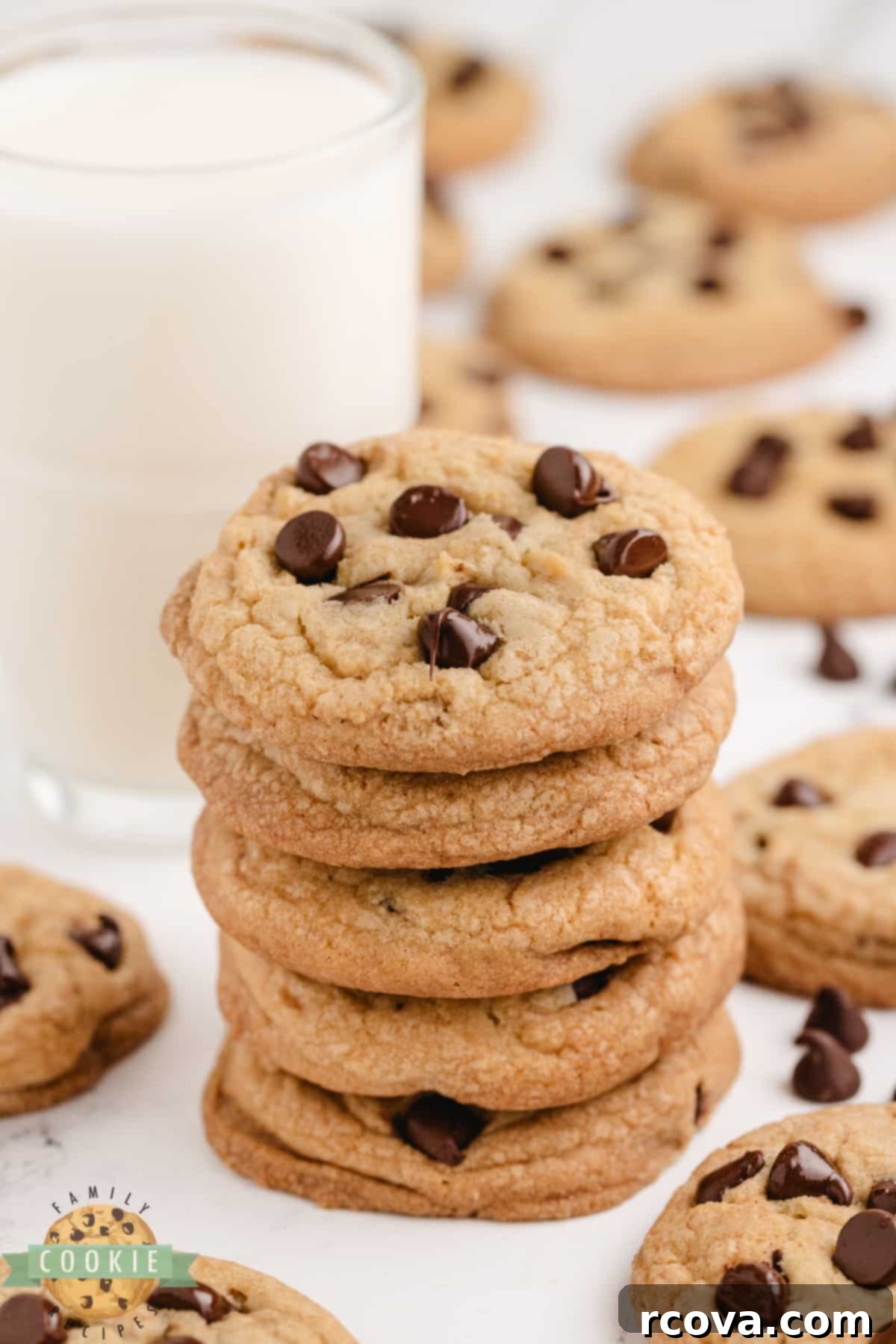 Decadent Chocolate Chip Delight 5 Stack of soft chocolate chip cookies, showing chewy texture.