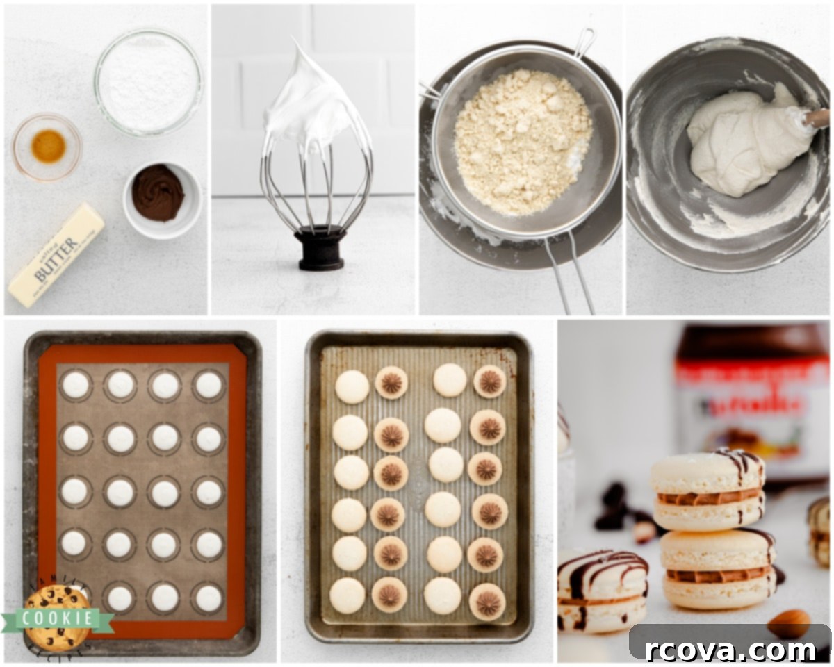 Decadent Nutella Macarons 4 A visual guide showing the initial steps of how to make Nutella Macaron cookies, with ingredients laid out and the meringue being prepared.