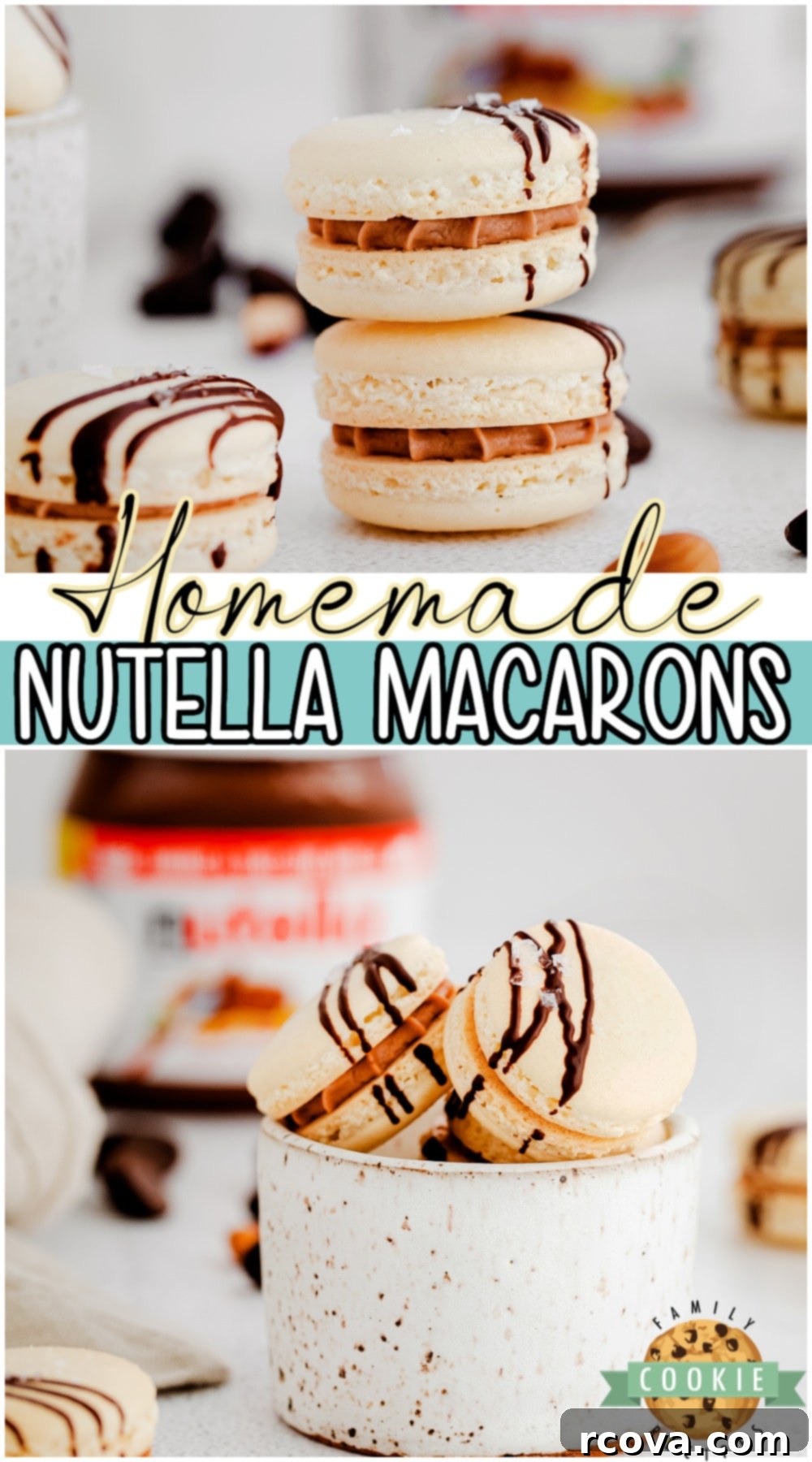 Decadent Nutella Macarons 10 A stunning close-up of a completed Nutella macaron, highlighting its perfect 'feet' and the rich filling. Perfect for Pinterest!