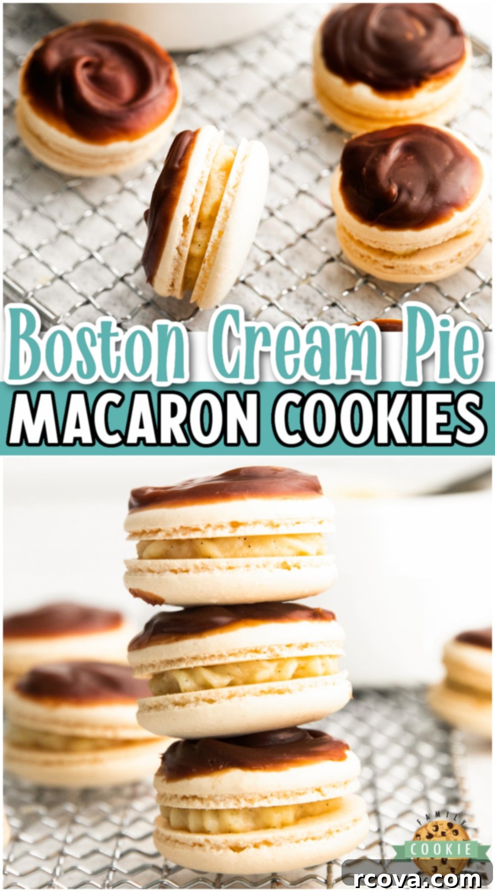 Boston Cream Pie Macarons 13 Boston Cream Pie Macarons recipe with chewy shells, vanilla custard filling & chocolate ganache. Delicate French sandwich cookies that mimic delicious Boston Cream Pie dessert!