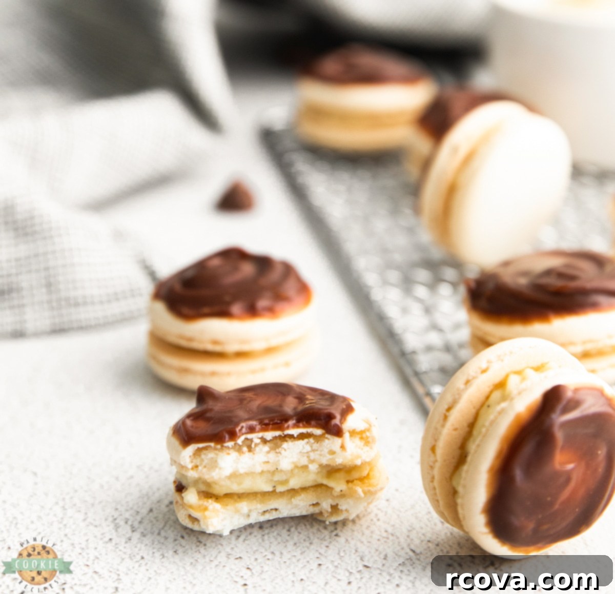 Boston Cream Pie Macarons 3 Close-up of Boston Cream Pie Macarons showcasing the delicate shells and filling