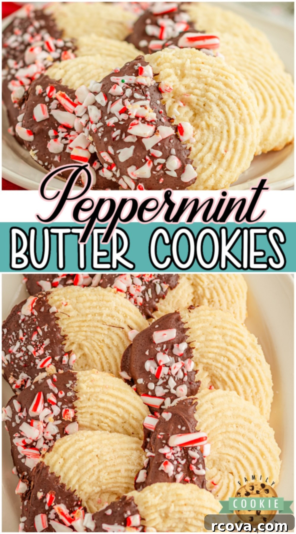 Minty Butter Cookie Bliss 12 Peppermint butter cookies made easy with classic ingredients, then dipped in chocolate and sprinkled with peppermint! Delicious flavor in these buttery crisp, delicate Christmas cookies!