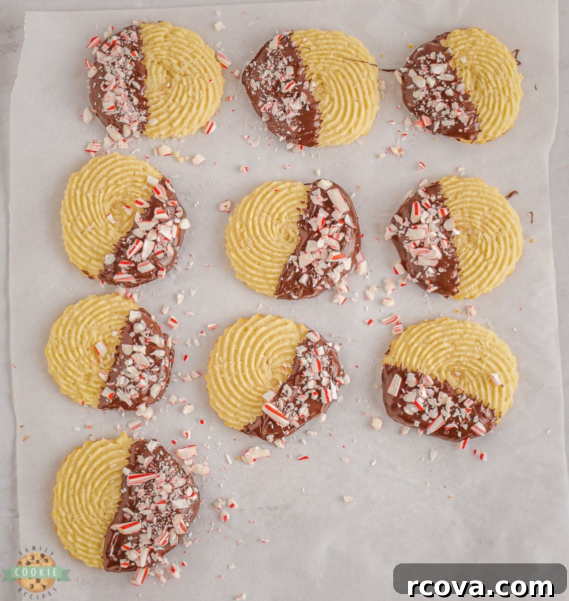 Minty Butter Cookie Bliss 6 Piped Peppermint Butter Cookies on baking sheet