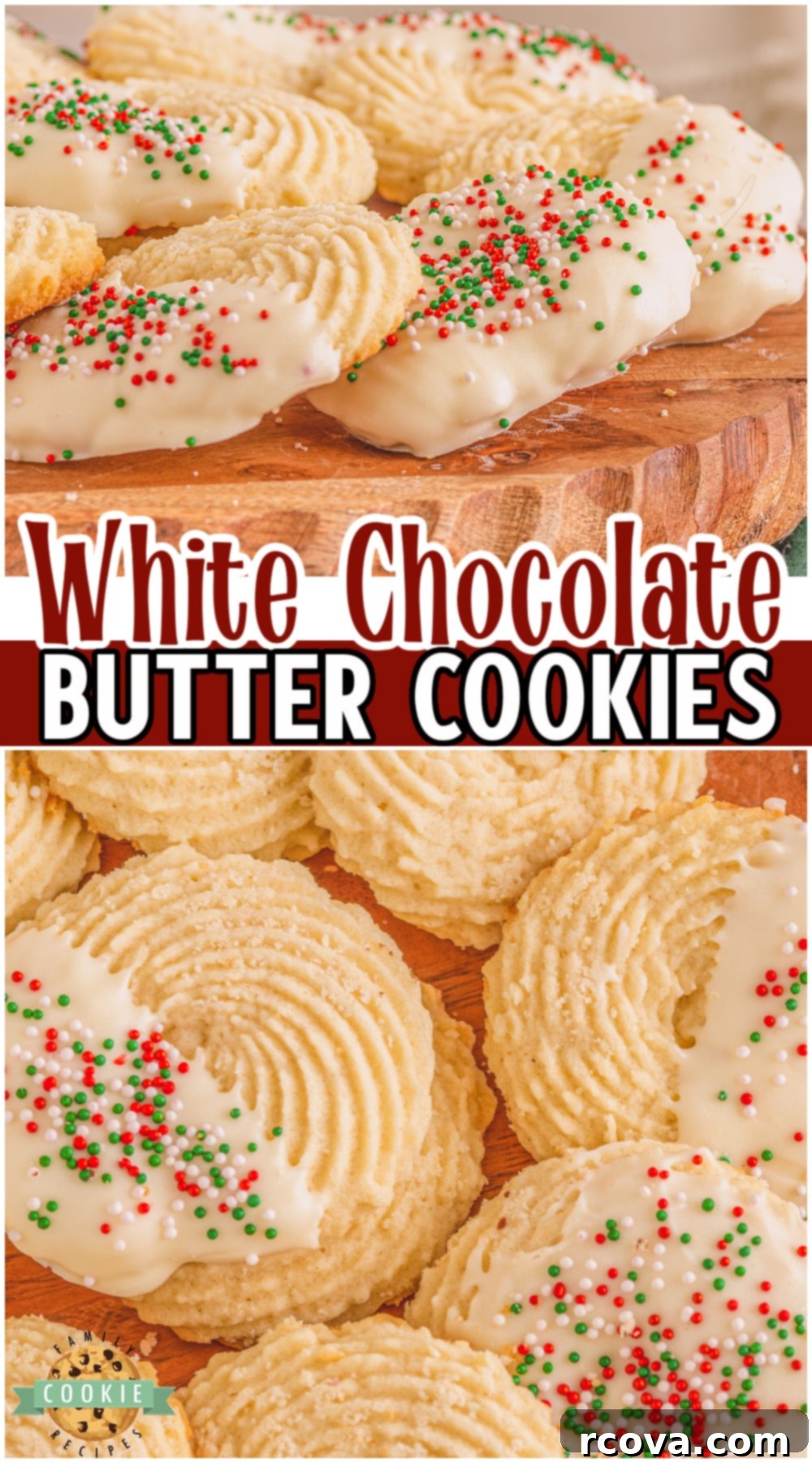 White Chocolate Buttery Delights 12 Classic White chocolate butter cookies made with buttery cookie dough and covered in white chocolate & sprinkles. Incredible shortbread cookie with a delicate texture and fantastic flavor!
