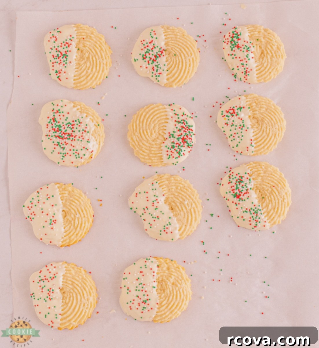 White Chocolate Buttery Delights 6 Piping butter cookie dough onto a baking sheet