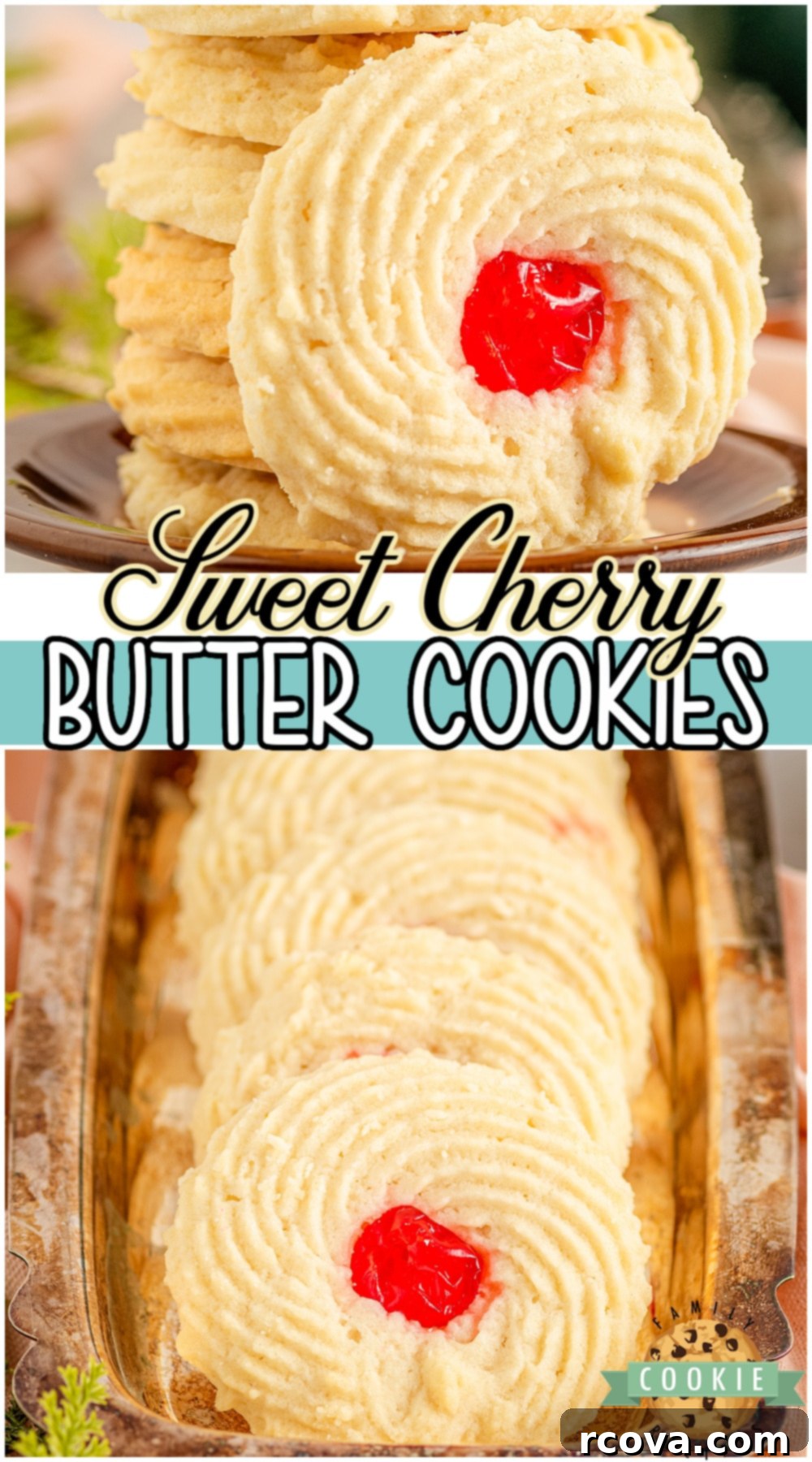 Sweet Cherry Butter Delights 11 Cherry Butter Cookies made with classic ingredients & adorned with a simple cherry! Buttery crisp shortbread cookies topped with sweet cherries for a festive & delicious treat.
