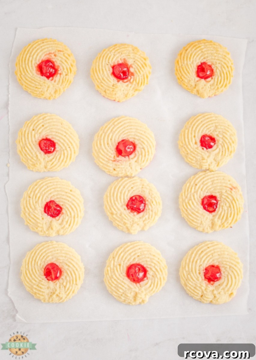 Sweet Cherry Butter Delights 6 Piping cookie dough onto a baking sheet