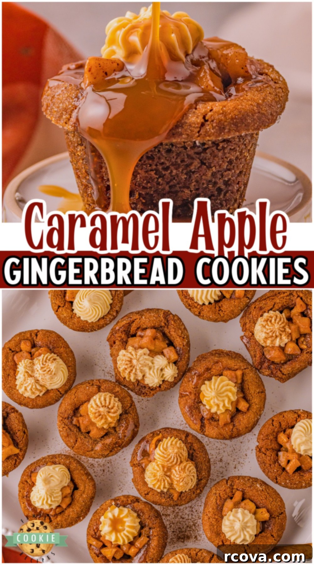 Warm Spiced Caramel Apple Gingerbread Cookies 12 A close-up of a single Caramel Apple Gingerbread Cookie, beautifully frosted and drizzled with caramel, set against a cozy holiday background.