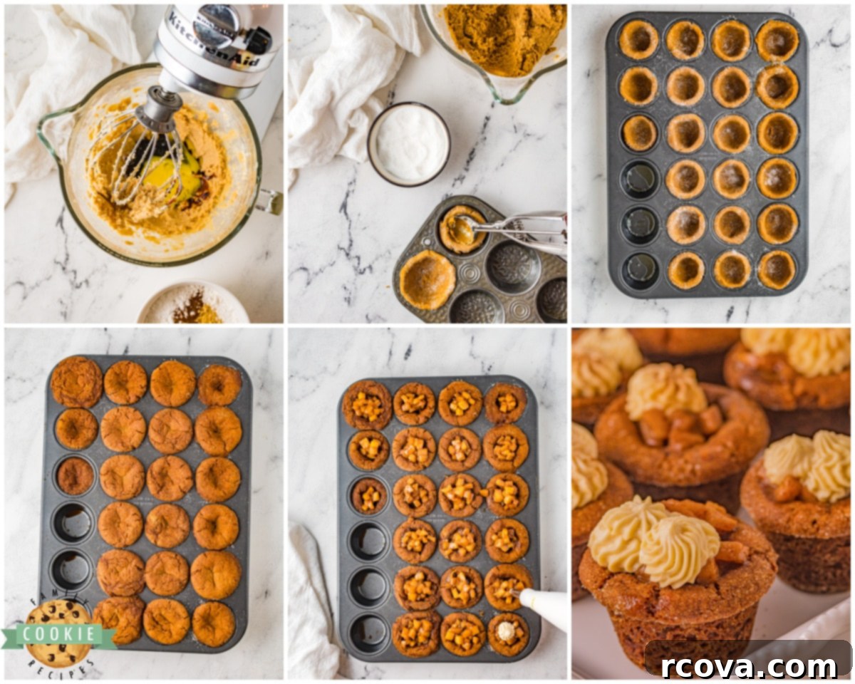 Warm Spiced Caramel Apple Gingerbread Cookies 6 Step-by-step image showing how to press cookie dough into a mini muffin pan to form a cup shape.