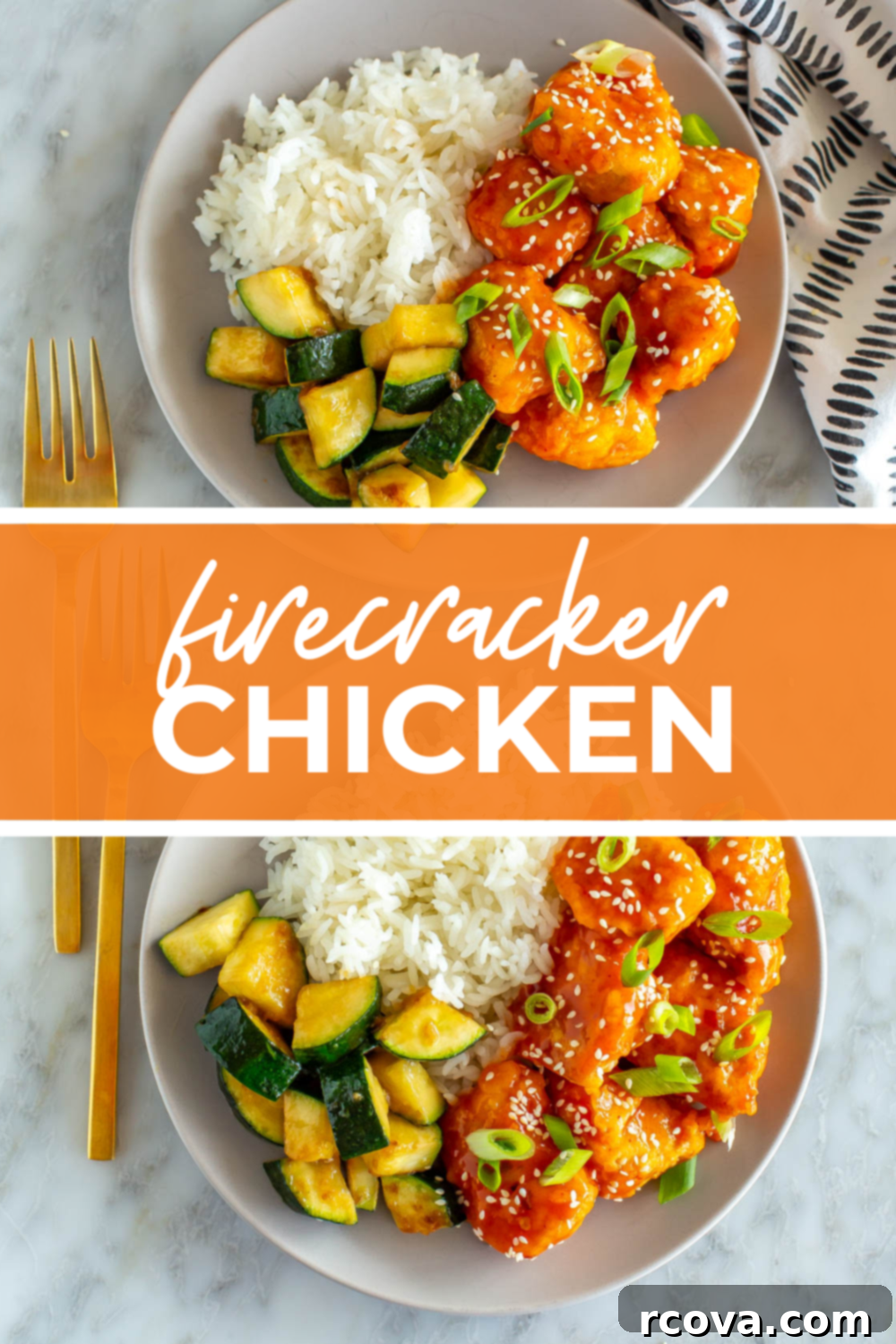 Explosive Firecracker Chicken Dinner 12 Two plates of Firecracker Chicken, beautifully arranged with rice and zucchini, ready to be served.
