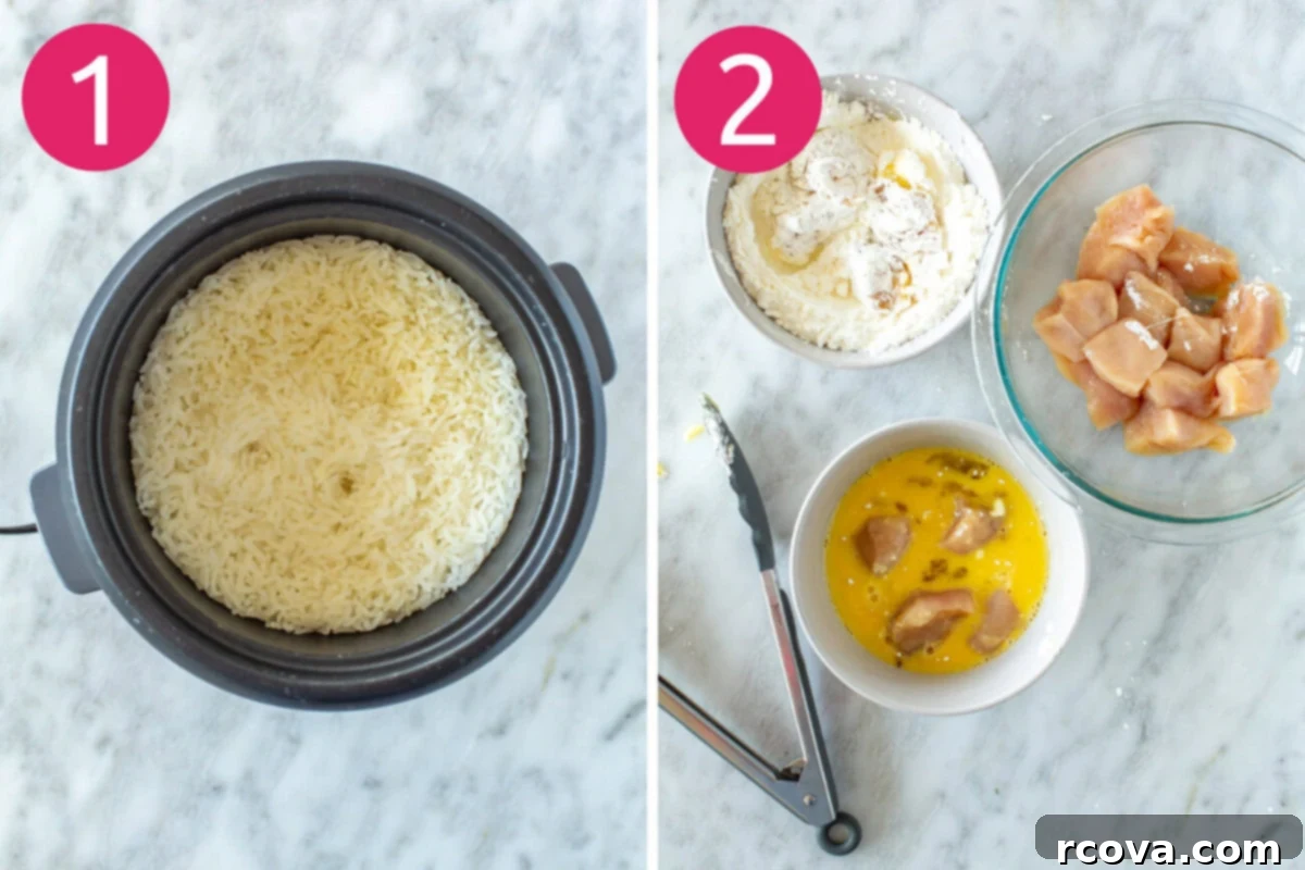 Explosive Firecracker Chicken Dinner 5 Step-by-step photos showing the initial stages of preparing firecracker chicken: Cooking rice in a pot and coating chicken pieces in egg wash and cornstarch.