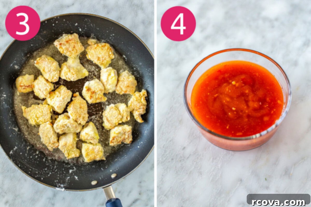 Explosive Firecracker Chicken Dinner 6 Step-by-step photos illustrating the cooking process for firecracker chicken: Frying coated chicken pieces until golden, followed by sautéing zucchini in the same skillet and mixing ingredients for the firecracker sauce.