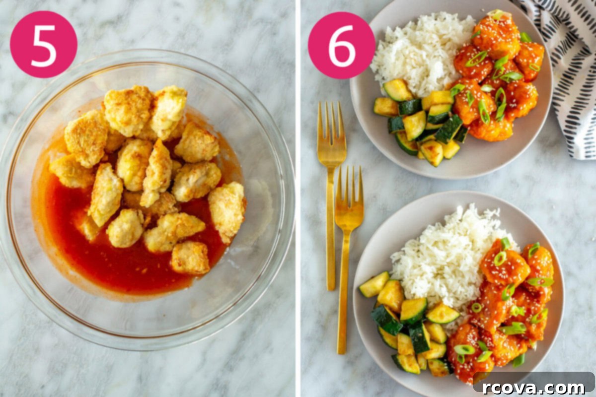 Explosive Firecracker Chicken Dinner 7 Step-by-step photos demonstrating the final steps of firecracker chicken preparation: Tossing the crispy chicken in the fiery sauce, and plating the finished dish with rice and zucchini, garnished with green onions and sesame seeds.