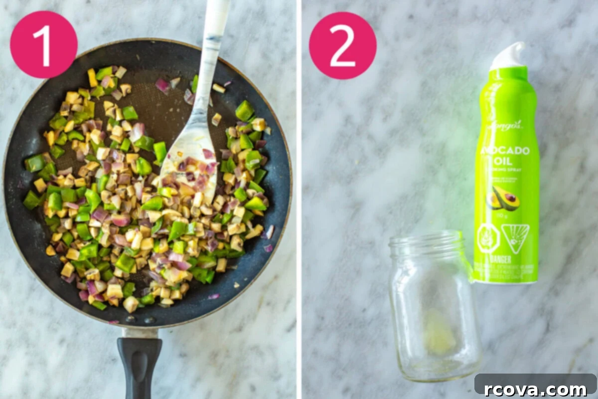 Microwave Omelette Meal Prep 5 Visual guide showing step-by-step preparation for microwave omelettes: cooking vegetables in a pan and spraying mason jars with cooking spray.