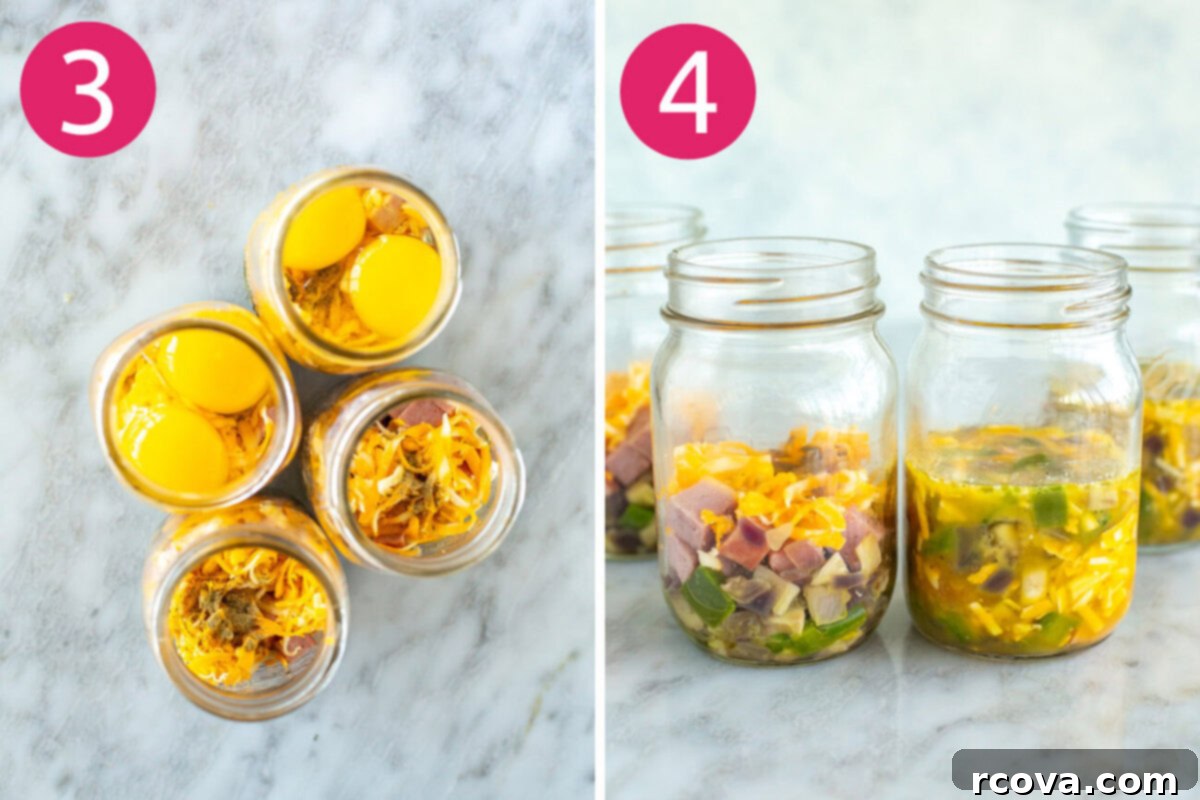 Microwave Omelette Meal Prep 6 Steps for assembling microwave omelettes: adding eggs and cheese to prepped mason jars, then sealing them for refrigeration.