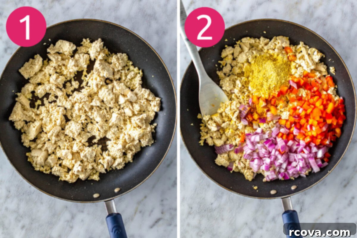 Garden-Fresh Tofu Scramble 5 Two images demonstrating the initial steps for making tofu scramble: The first shows crumbled tofu cooking in a pan, and the second shows sliced red onion and red pepper added to the pan with the tofu.