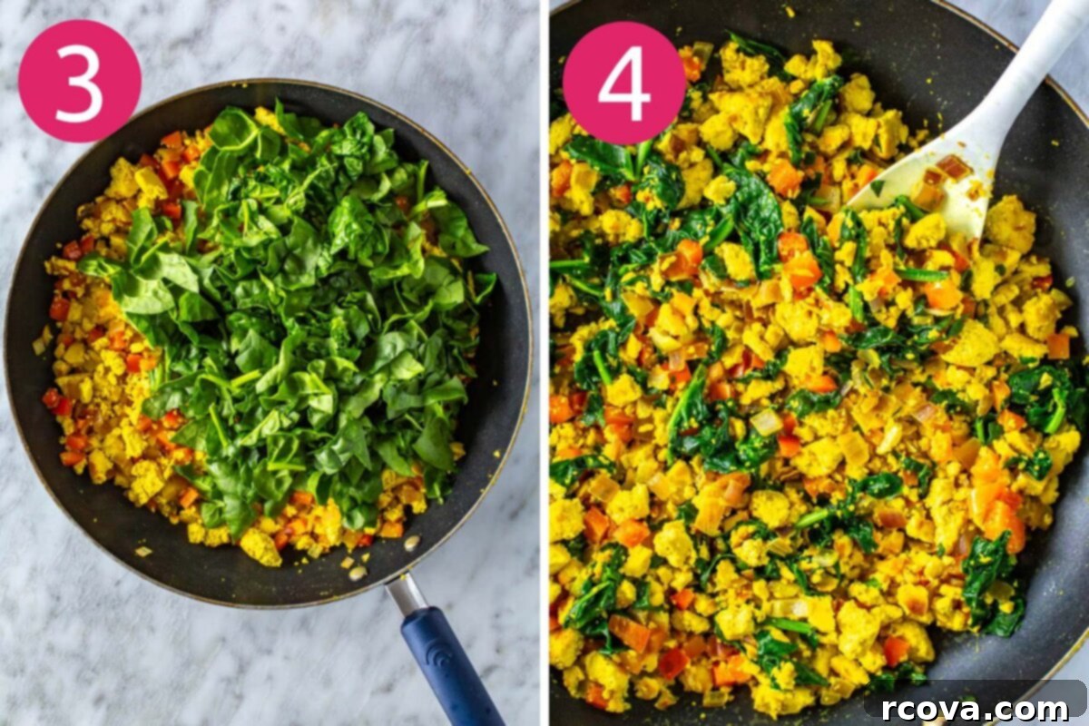 Garden-Fresh Tofu Scramble 6 Two images showing the final steps of making tofu scramble: The first displays baby spinach being stirred into the pan with the cooked tofu and vegetables, and the second shows plant-based milk being poured into the mixture.
