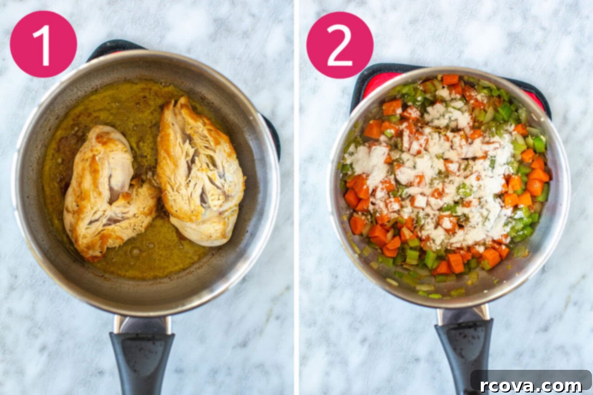 Wholesome Chicken Pot Pie Soup 5 First two steps of making healthy chicken pot pie soup: searing seasoned chicken breasts in a pot, then sautéing diced onions, carrots, celery, and minced garlic until tender.