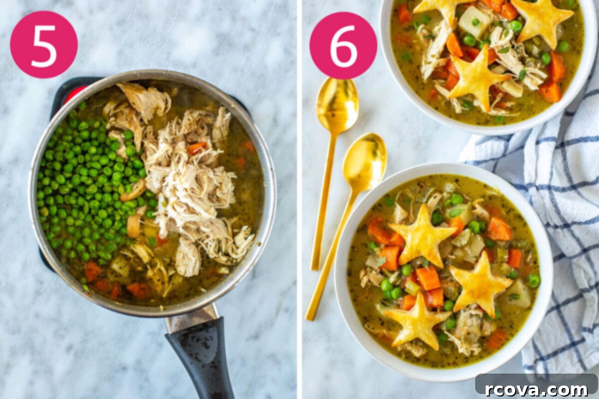 Wholesome Chicken Pot Pie Soup 7 Last two steps of making chicken pot pie soup: stirring milk and green peas into the creamy soup, then serving the finished soup topped with golden puff pastry stars.