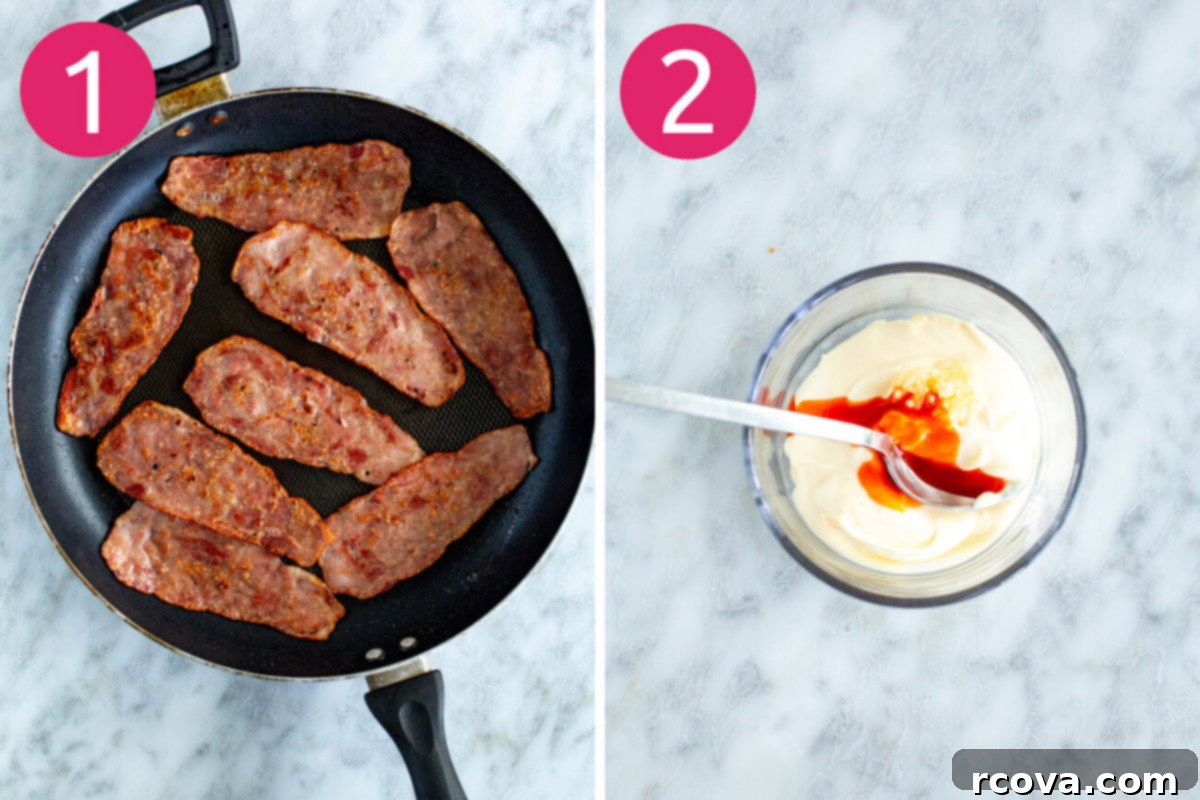 Ready-to-Go Croissant Breakfast Sandwiches 5 A visual guide showing the first two steps for crafting delicious croissant breakfast sandwiches: sizzling bacon in a pan and a small bowl of creamy hot sauce aioli ready to go.
