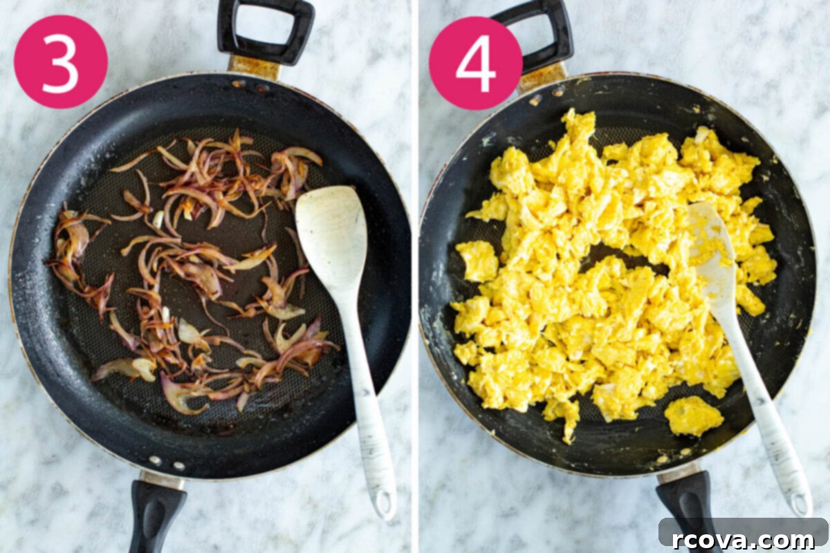 Ready-to-Go Croissant Breakfast Sandwiches 6 The next two stages in making croissant breakfast sandwiches: thinly sliced red onions sautéing to tender perfection in a hot pan, followed by fluffy scrambled eggs cooking until just set.
