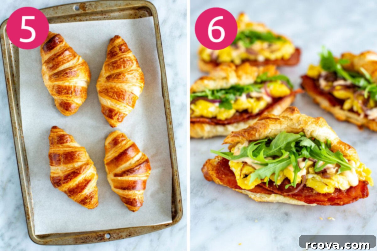 Ready-to-Go Croissant Breakfast Sandwiches 7 The final two steps in creating the ultimate croissant breakfast sandwiches: carefully cutting open golden-brown croissants and then generously filling them with all the delicious prepped ingredients.