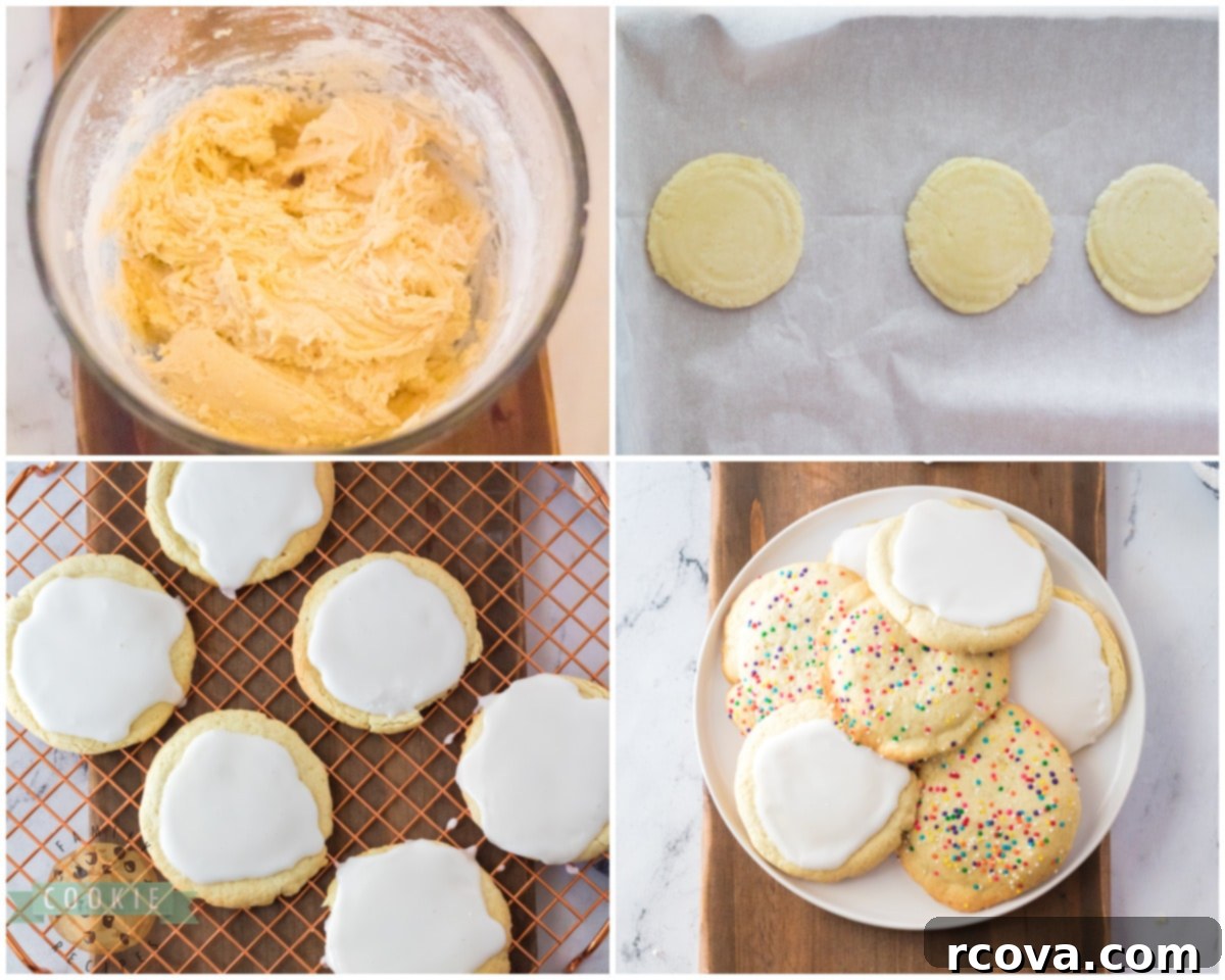Golden Crispy Sugar Cookies 4 Step-by-step instructions on how to make crispy sugar cookies, with dough on a baking sheet.