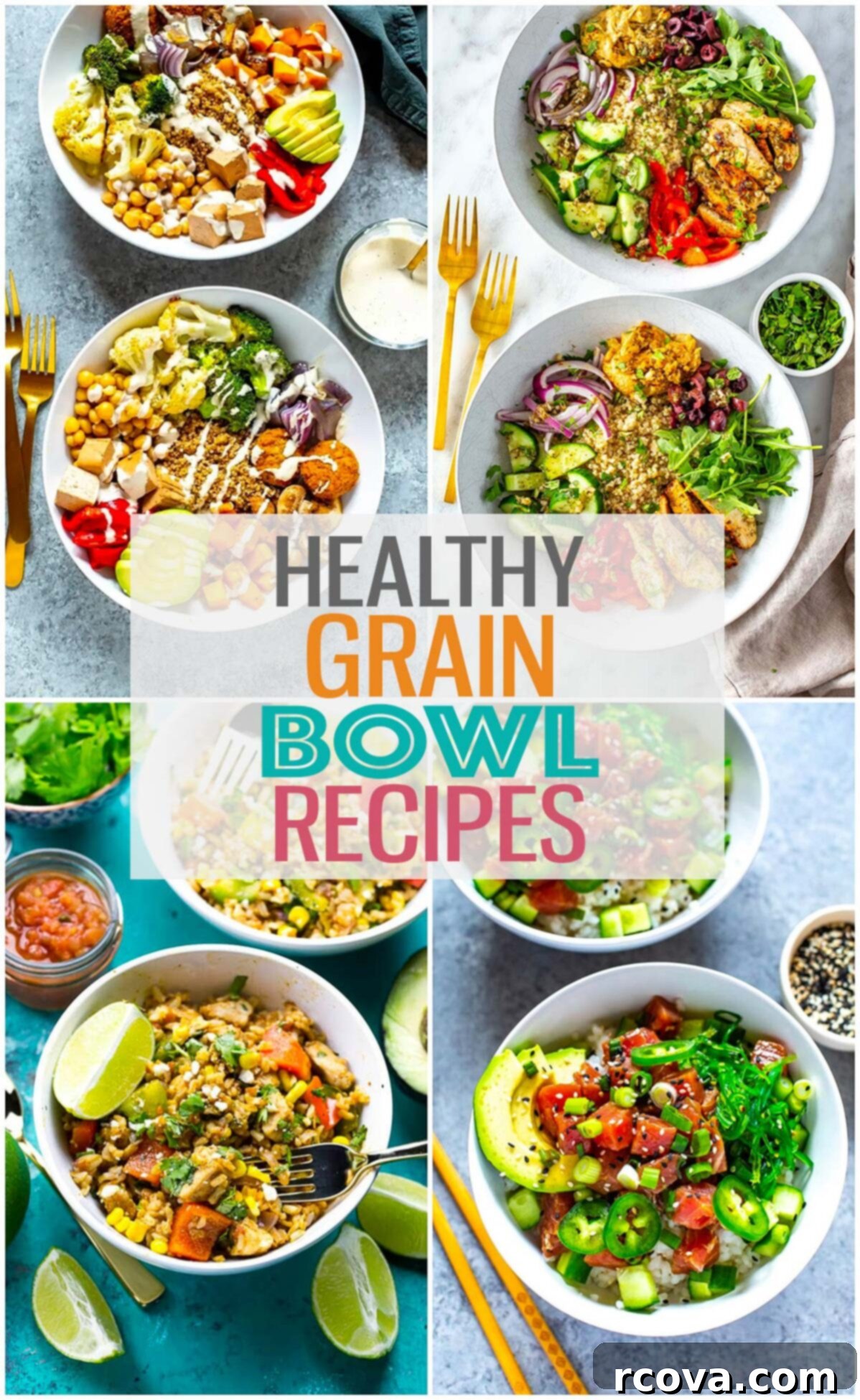 Over 20 Healthy Grain Bowl Recipes for Stress-Free Meal Prep 2 A vibrant collage showcasing four different healthy grain bowl recipes, emphasizing their visual appeal and variety, with text overlay 'Healthy Grain Bowl Recipes'.