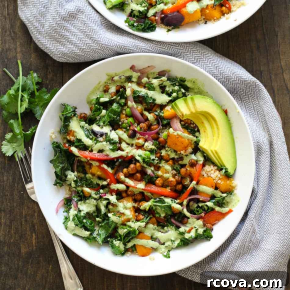 Over 20 Healthy Grain Bowl Recipes for Stress-Free Meal Prep 18 Warm Tahini Kale and Quinoa Bowl topped with roasted chickpeas.