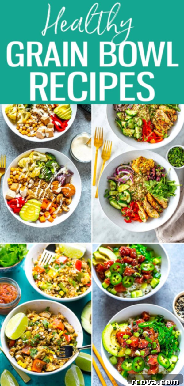 Over 20 Healthy Grain Bowl Recipes for Stress-Free Meal Prep 27 Collection of colorful and healthy grain bowls for meal prep inspiration.