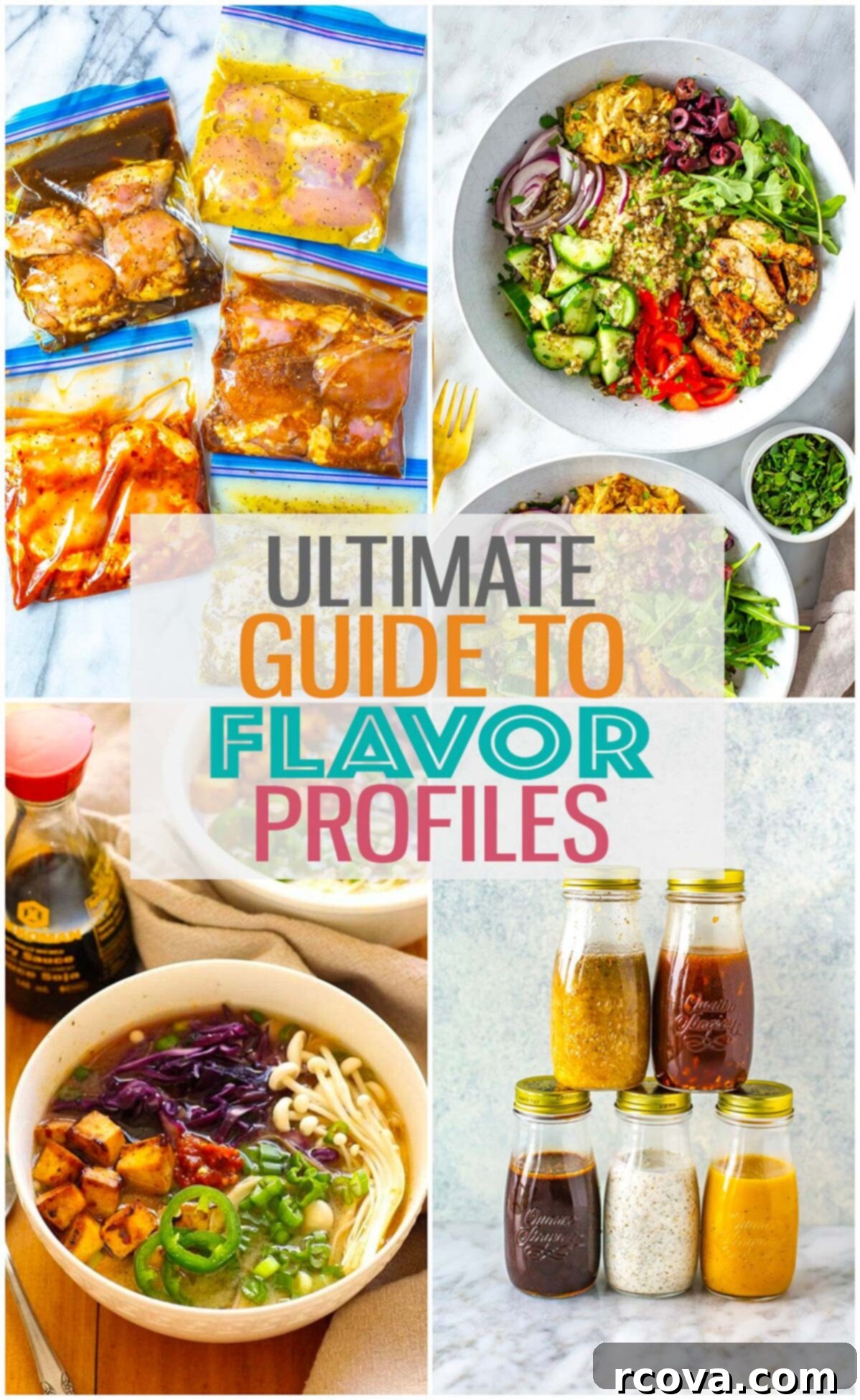 Flavor Harmony: Your Go-To Pairing Playbook 2 A collage with marinades, bowls and dressings with the text "Ultimate Guide to Flavor Profiles" layered over top.