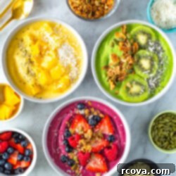 Whip Up Amazing Smoothie Bowls 10 Three smoothie bowls with a variety of toppings.