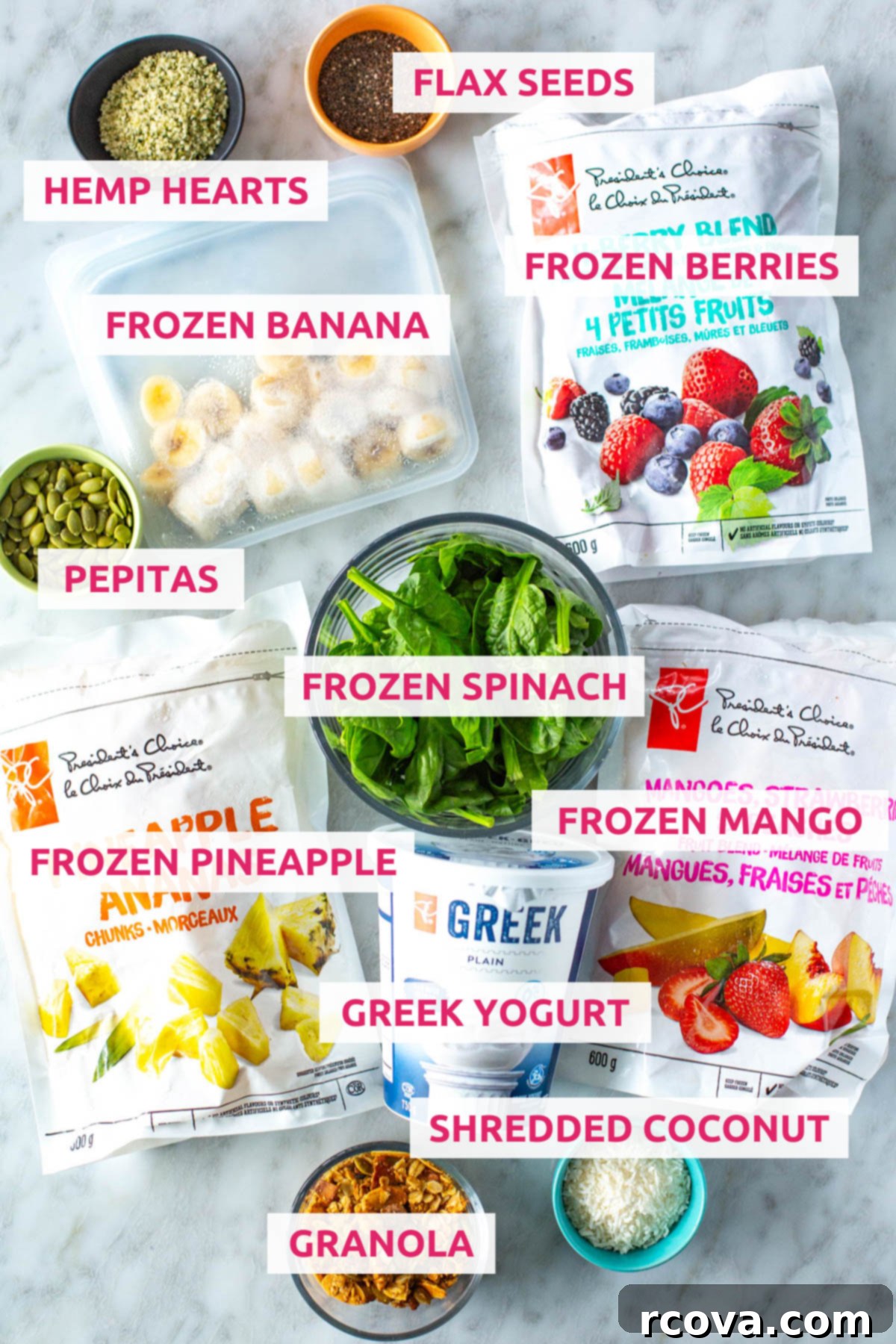 Whip Up Amazing Smoothie Bowls 4 A colorful flat lay of all the essential ingredients for making smoothie bowls, including frozen bananas, mixed berries, pineapple, mango, fresh Greek yogurt, various seeds (chia, flax, hemp, pepitas), shredded coconut, and a bowl of granola.