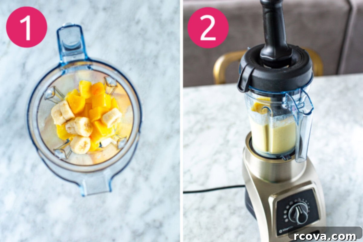 Whip Up Amazing Smoothie Bowls 5 The first two steps of making smoothie bowls: adding all frozen ingredients and Greek yogurt into a high-speed blender, followed by the blending process to achieve a smooth and thick consistency.