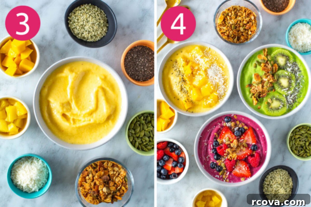 Whip Up Amazing Smoothie Bowls 6 The final step of preparing smoothie bowls: pouring the thick blended smoothie into a bowl and artfully arranging various toppings like fresh berries, granola, and seeds for an appealing and nutritious finish.