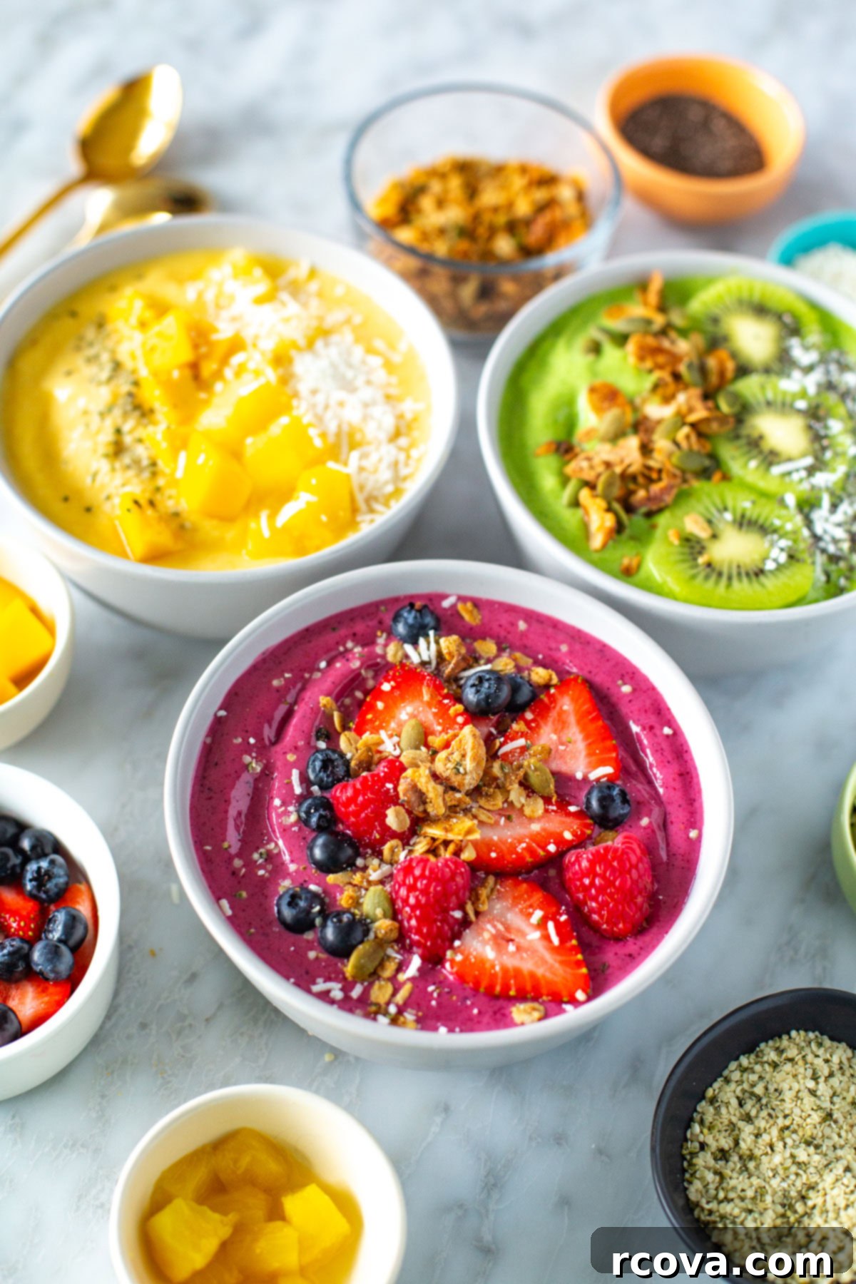 Whip Up Amazing Smoothie Bowls 9 Three artfully prepared smoothie bowls, garnished with an inviting array of fresh fruit, granola, and seeds, highlighting their readiness for a nutritious and delicious breakfast or snack.