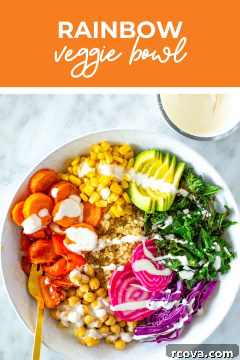 Vibrant Rainbow Harvest Bowl 11 Overhead shot of the rainbow veggie bowl with an orange banner on top reading "Rainbow Veggie Bowl," emphasizing its vibrant appearance and appeal.