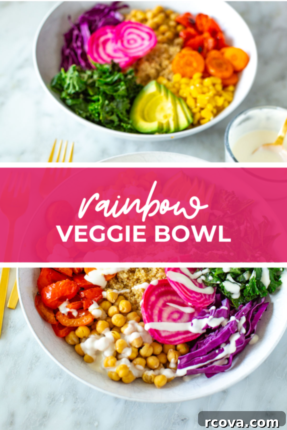 Vibrant Rainbow Harvest Bowl 12 Another overhead shot of the hearty rainbow veggie bowl, framed by a lively orange banner proclaiming "Rainbow Veggie Bowl," perfect for promoting this healthy and colorful meal.
