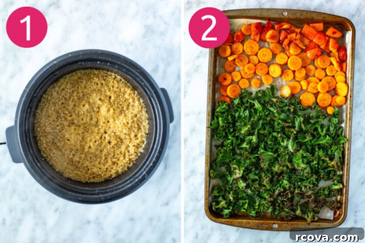 Vibrant Rainbow Harvest Bowl 5 A two-part image showing the first two steps of making veggie bowls: on the left, cooked quinoa in a pot; on the right, chopped carrots and red pepper roasting on a baking sheet with kale added.