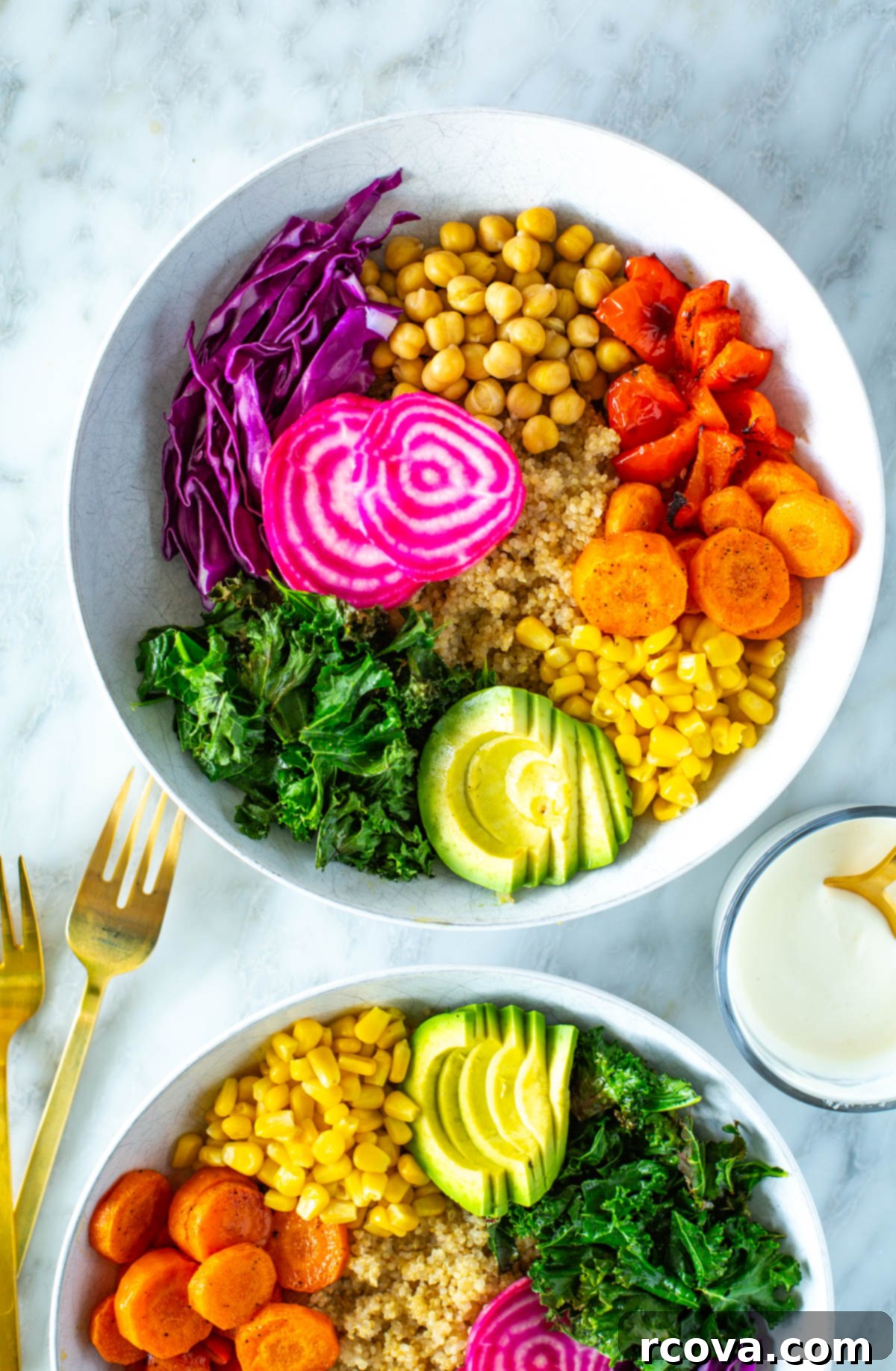Vibrant Rainbow Harvest Bowl 8 An inviting overhead shot of a single rainbow veggie bowl, highlighting the vibrant colors and fresh textures of the ingredients with a rich garlic dressing.