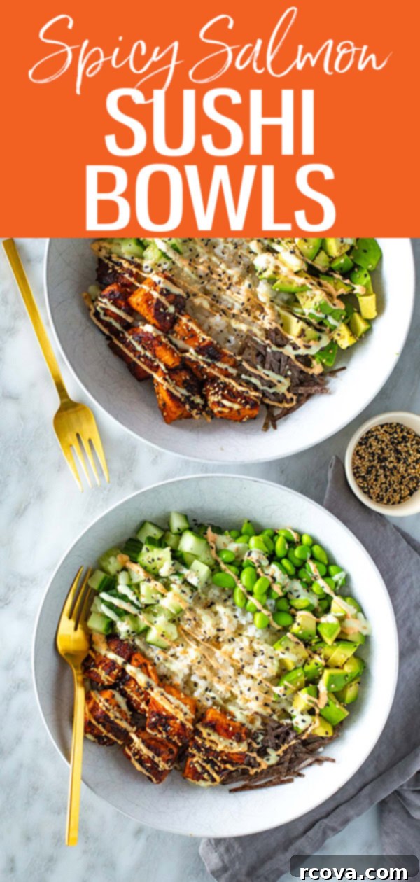 Effortless Spicy Salmon Sushi Bowls 12 These easy salmon sushi bowls are so delicious and packed with veggies like edamame and cucumber! Serve with homemade spicy mayo.  #spicysalmon #sushibowl