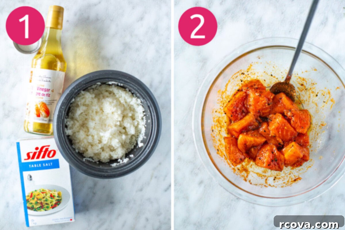 Effortless Spicy Salmon Sushi Bowls 5 Steps 1 and 2 for making salmon sushi bowls: Prepare sushi rice and season raw salmon pieces.