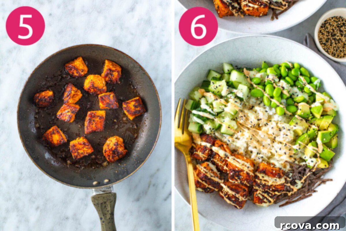 Effortless Spicy Salmon Sushi Bowls 7 Steps 5 and 6 for making salmon sushi bowls: Cook seasoned salmon and then assemble the bowls with rice and toppings.