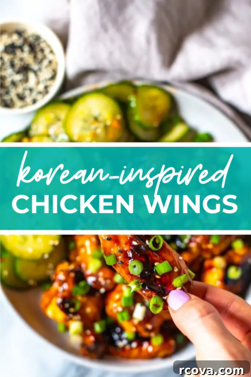Korean Sticky Oven Wings 12 Overhead shot of Korean chicken wings with blue banner and white text 'Baked Korean-Inspired Chicken Wings' in the middle