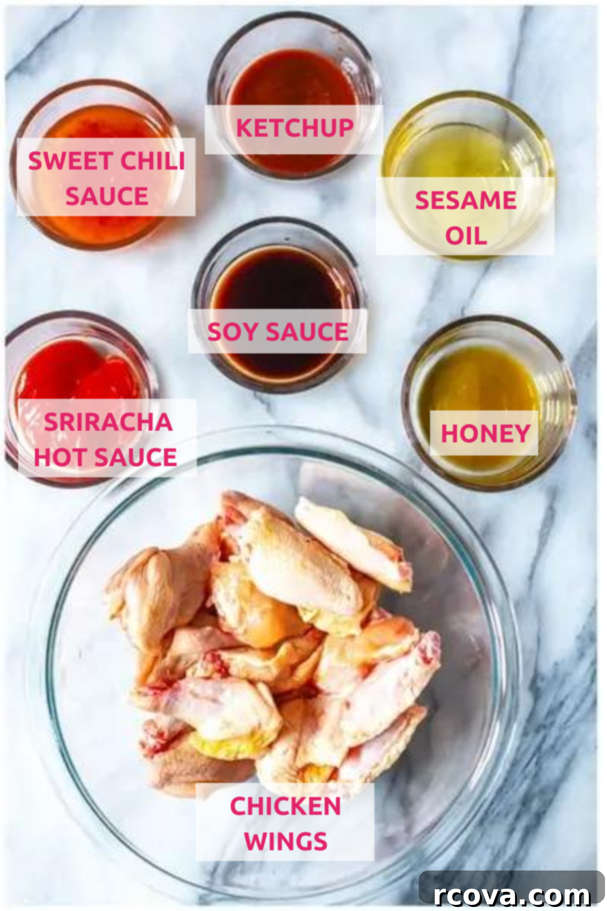 Korean Sticky Oven Wings 4 Organized ingredients for Healthy Baked Korean Chicken Wings with marinade and fresh cucumber for salad