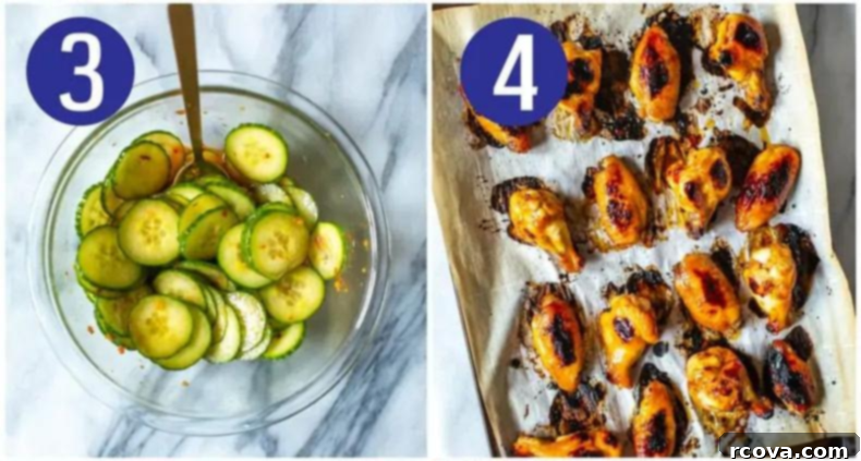 Korean Sticky Oven Wings 6 Steps 3 and 4 for preparing Healthy Korean Chicken Wings: making cucumber salad and baking wings