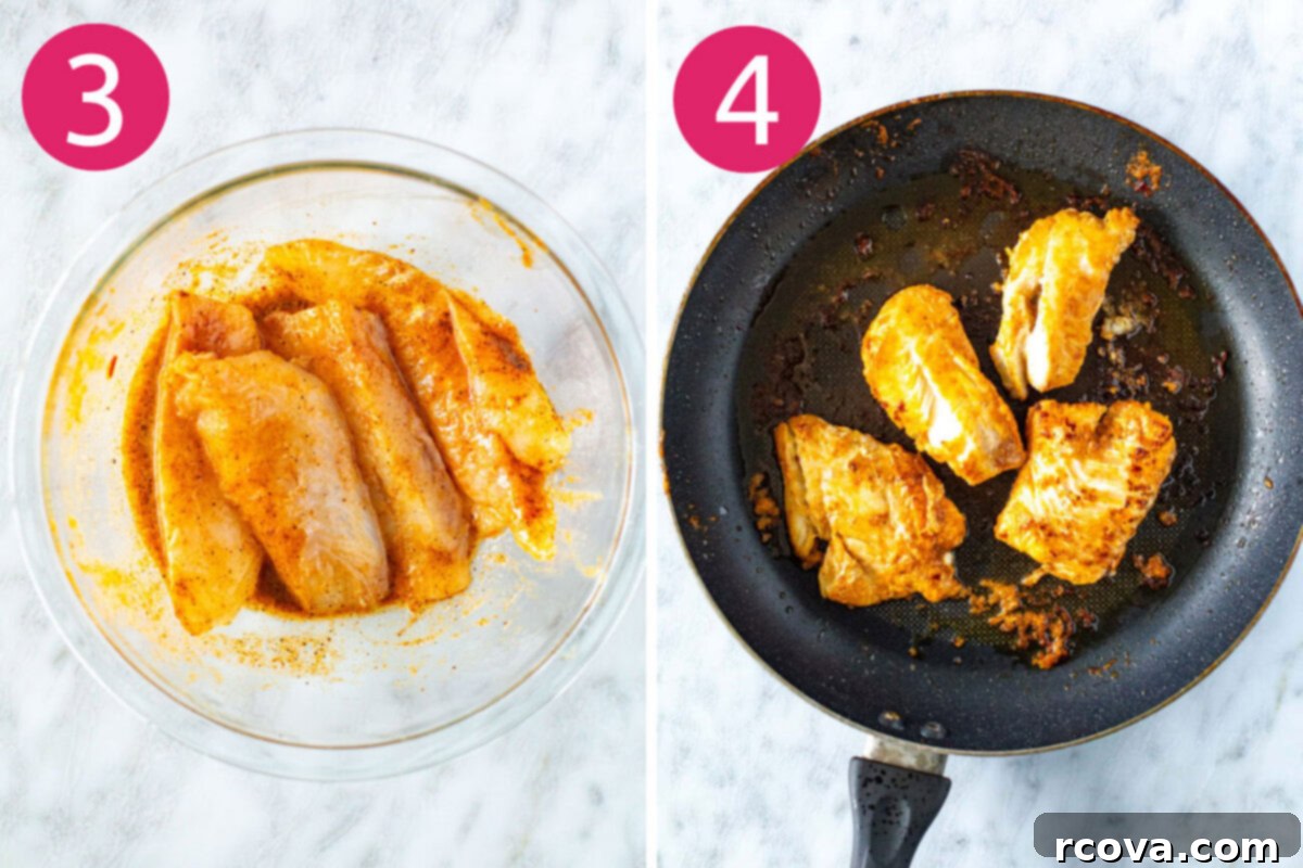 No-Fuss Fish Tacos 6 Steps 3 and 4 for making fish tacos: Marinate fish then cook it.
