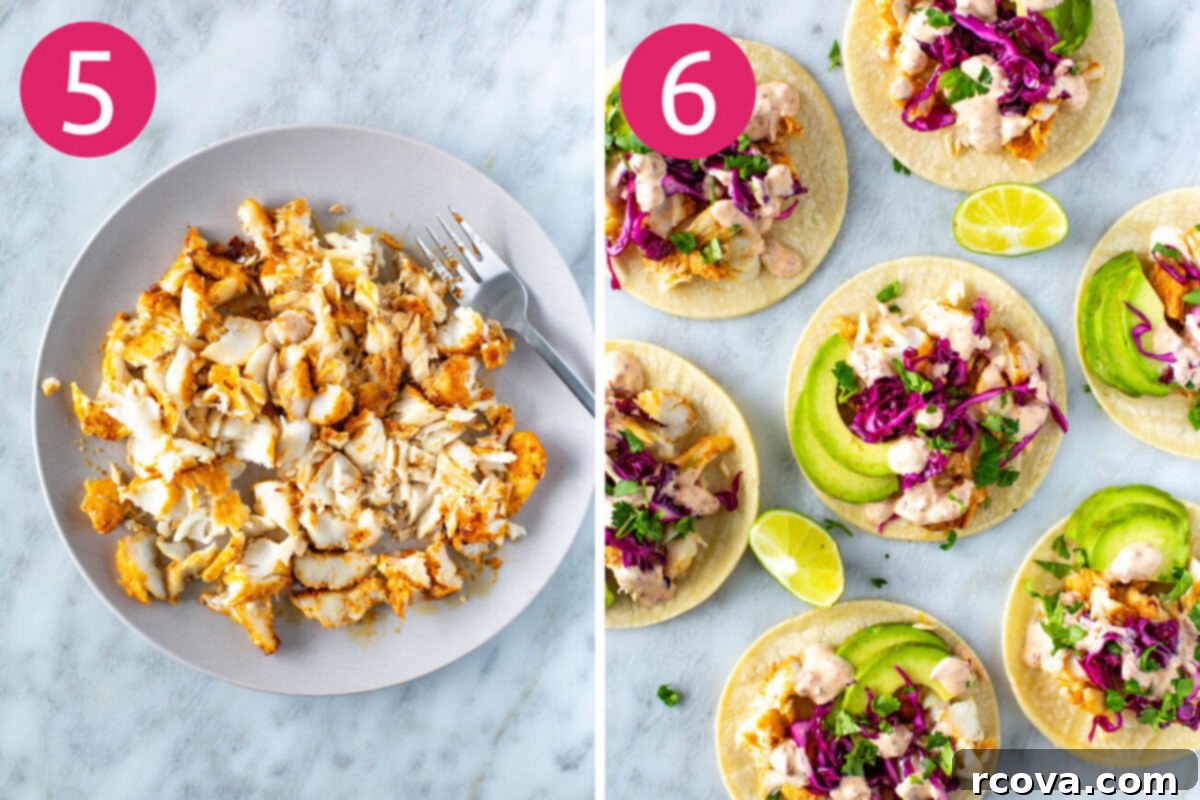 No-Fuss Fish Tacos 7 Steps 5 and 6 for making fish tacos: Flake fish then assemble tacos.