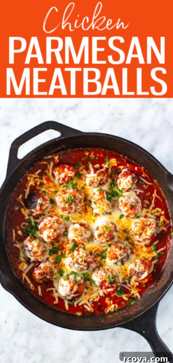 Cheesy Chicken Parmesan Meatballs 12 The easy Chicken Parm Meatballs are made in a skillet and topped with marinara sauce and mozzarella cheese. Serve with pasta for dinner! #chickenparm #meatballs