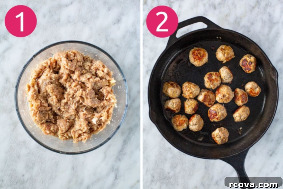 Cheesy Chicken Parmesan Meatballs 5 Steps 1 and 2 for making chicken parmesan meatballs: Mixing ingredients and forming/cooking meatballs in a pan.